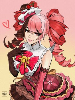 Rule 34 | 1girl, adversarial noise, asymmetrical gloves, bow, brown dress, brown eyes, brown gloves, brown hair, commentary, corset, cowboy shot, dress, drill hair, elbow gloves, english commentary, gloves, gradient background, heart, heterochromia, highres, lolita fashion, looking at viewer, luna snow, luna snow (cherry delight), marvel, marvel rivals, mismatched gloves, multicolored dress, multicolored hair, official alternate costume, parted lips, pink background, pink dress, pink eyes, pink gloves, pink hair, pink lips, plaid clothes, plaid dress, red bow, red corset, red dress, red streaks, rkreates, sleeveless, sleeveless dress, smile, solo, split-color hair, striped clothes, striped gloves, sweet lolita, twin drills, vertical-striped clothes, vertical-striped gloves, yellow background