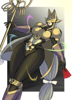 Rule 34 | 1girl, armor, belt, black bodysuit, bodysuit, breasts, covered eyes, digimon, digimon (creature), digimon story: time stranger, digimon tamers, fox mask, gloves, gold armor, grey hair, highres, holding, holding staff, large breasts, long hair, mas square, mask, purple lips, sakuyamon, shoulder armor, solo, staff, yin yang