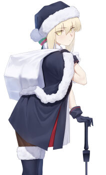 1girl absurdres artoria_pendragon_(fate) black_boots black_cape black_dress black_gloves black_hat black_ribbon blonde_hair blush boots bow braid breasts brown_pantyhose cape commentary_request dress excalibur_morgan_(fate) fate/grand_order fate_(series) fur-trimmed_cape fur-trimmed_headwear fur_trim gloves hair_bun hair_ribbon hat highres long_hair looking_at_viewer medium_breasts okuma707 pantyhose ribbon saber_alter sack santa_alter santa_hat sidelocks solo sword thigh_boots weapon yellow_eyes