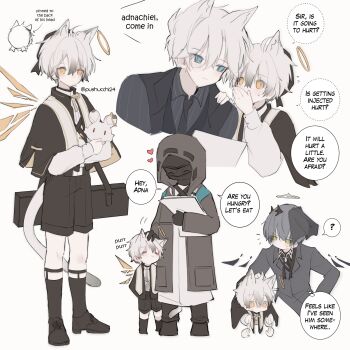 1other 3boys ? ^_^ adnachiel_(arknights) aged_down animal_ears arene_(arknights) arene_(dangerous_invitation)_(arknights) arknights ascot black_ascot black_capelet black_gloves black_hair black_necktie black_shoes black_shorts black_skirt black_veil black_vest blue_eyes capelet cat_boy cat_ears cat_tail chibi choshanland_plushy_(arknights) closed_eyes coat commentary doctor_(arknights) doll english_commentary english_text flailing fox_ears gloves green_eyes grey_hair grey_jacket grey_shirt halo headpat heart highres holding holding_doll hood hooded_jacket jacket lab_coat legwear_garter long_sleeves mask multiple_boys necktie pinstripe_pattern pinstripe_shirt pushu shirt shoes shorts simple_background skirt speech_bubble steward_(arknights) steward_(snowstorm_invitation)_(arknights) tail tail_around_another&#039;s_leg tail_wrap thought_bubble tilted_halo traditional_halo veil vest whispering white_background white_coat wings