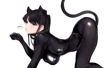1girl all_fours anal_tail animal_ears arched_back ass black_hair bodysuit breasts butt_plug cat_ears cat_tail fake_tail highres komi-san_wa_komyushou_desu komi_shouko latex latex_bodysuit long_hair looking_at_viewer mamimi_(mamamimi) medium_breasts pet_play purple_eyes simple_background solo tail white_background
