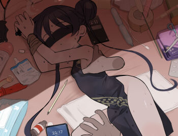 1girl armpit_crease bare_shoulders belt black_dress black_hair blindfold blue_archive blush bottle bound bound_wrists breasts butterfly_hair_ornament calligraphy_brush cat_teaser cellphone china_dress chinese_clothes chopsticks commentary cowboy cowboy_western disembodied_hand double_bun dress duct_tape hair_bun hair_ornament halo heavy_breathing highres kisaki_(blue_archive) kokaki_mumose loli long_hair looking_at_viewer paintbrush parted_lips pelvic_curtain phone ruler scissors shade side_slit sleeveless sleeveless_dress small_breasts smartphone solo_focus sweat symbol-only_commentary thigh_grab tissue_box twintails unworn_hair_ornament western