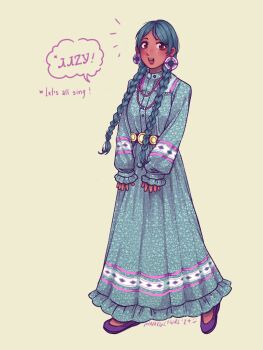 1girl alternate_hairstyle alternate_skin_color aqua_dress aqua_hair bead_necklace beads belt belt_buckle braid brown_belt brown_eyes buckle collared_dress commentary dark-skinned_female dark_skin diamond_(shape) diamond_print dress earrings english_commentary english_text flats floral_print floral_print_dress hatsune_miku high_collar highres hoop_earrings jewelry long_dress long_sleeves multiple_necklaces native_american native_american_clothes necklace open_mouth parted_bangs pinkcultgirl print_dress puffy_long_sleeves puffy_sleeves purple_shoes shoes smile solo translated tsalagi_text twin_braids vocaloid worldwide_miku