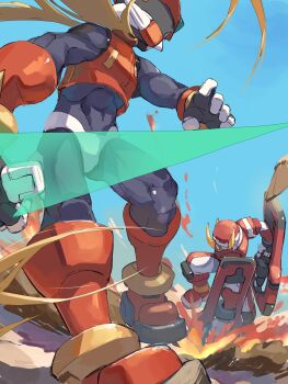 Rule 34 | 1boy, 2boys, absurdres, android, armor, blonde hair, cannon, commentary request, energy sword, fighting fefnir (mega man), forehead jewel, full body, helmet, highres, holding, holding sword, holding weapon, horns, long hair, male focus, mega man (series), mega man zero (series), multiple boys, omochi (mochi skymega), red armor, red helmet, sword, weapon, z saber, zero(z) (mega man), zero (mega man)