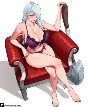 1girl axe barefoot blue_hair blush bra braid breasts crossed_legs fake_(lord_socar) feet hair_over_one_eye highres jujutsu_kaisen large_breasts lingerie long_hair looking_at_viewer mei_mei_(jujutsu_kaisen) panties purple_eyes sitting smile toes underwear