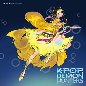 1girl artist_name black_hair blue_background blue_eyeshadow breasts brown_eyes closed_mouth commentary copyright_name double_bun dress earrings english_commentary eyeshadow fighting_stance fingernails full_body hair_bun hair_ornament hairpin high_heels highres holding holding_knife jewelry kiddo_hah knife kpop_demon_hunters long_fingernails makeup medium_breasts outstretched_hand shoes short_bangs solo throwing_knife weapon yellow_dress yellow_shoes zoey_(kpop_demon_hunters)