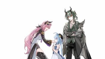 1boy 2girls beret black_horns black_pants blue_hair breasts chinese_commentary commentary_request corset dress elysia_(honkai_impact) elysia_(miss_pink_elf)_(honkai_impact) green_hair green_shirt grey_jacket griseo griseo_(starry_impression) hair_ornament hat highres honkai_(series) honkai_impact_3rd horns jacket kosma large_breasts long_hair multiple_girls orange_eyes pants pink_hair procreate_(medium) purple_eyes seawave02974 shirt short_hair simple_background smile very_long_hair white_background white_corset white_dress