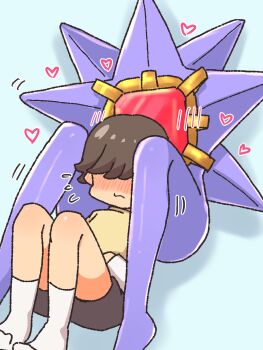 1boy 1other between_legs blush_stickers echieichi embarrassed gen_1_pokemon hair_over_eyes highres mega_pokemon mega_ring mega_starmie nintendo no_humans pokemon pokemon_(creature) pokemon_focus sexually_suggestive simple_background sitting star_(symbol) starmie trap white_background