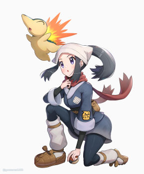Rule 34 | 1girl, absurdres, akari (pokemon), black hair, black pantyhose, black sash, blush, breasts, commentary request, cyndaquil, eyelashes, fire, galaxy team survey corps uniform, gen 2 pokemon, gonzarez, grey eyes, headscarf, highres, hisuian poke ball, holding, holding poke ball, jacket, long hair, loose socks, nintendo, pantyhose, parted lips, poke ball, pokemon, pokemon (creature), pokemon legends: arceus, ponytail, red scarf, sash, scarf, sidelocks, simple background, socks, white background, white headscarf
