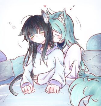 2girls animal_ears aqua_hair bang_dream! black_hair black_sweater blanket blush bow bowtie cat_ears cat_girl cat_tail closed_eyes closed_mouth fox_ears fox_girl fox_tail hikawa_sayo hime_cut hug hug_from_behind kiss long_hair long_sleeves multiple_girls non-web_source pillow shirokane_rinko simple_background sitting sweater tail white_background yuri zevi_(zevi_ii) zzz