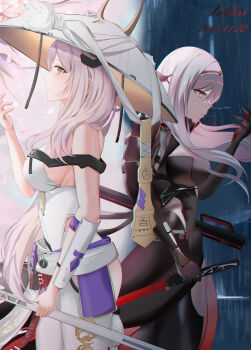 2girls absurdres armor armored_bodysuit artist_name black_bodysuit bodysuit breasts clothing_cutout dated dual_persona goddess_of_victory:_nikke grey_bodysuit grey_hair hat headgear highres holding holding_weapon japanese_armor jingasa kote labbri large_breasts large_hat leotard long_hair multiple_girls official_alternate_costume red_eyes scarlet_(black_shadow)_(nikke) scarlet_(nikke) see-through_clothes sheath shoulder_armor sode sword weapon white_leotard yellow_eyes