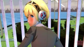 1boy 1girl 3d aigis_(persona) android animated blonde_hair blue_eyes bottomless doggystyle gold_hairband hairband joints looking_at_viewer looking_back moaning neinsfw outdoors pov robot robot_joints rooftop school_uniform sex sex_from_behind short_hair sidelocks sound tagme vaginal video