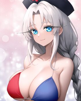 1girl absurdres bare_shoulders bikini black_hat blue_bikini blue_eyes braid braided_ponytail breasts cleavage closed_mouth collarbone commentary_request constellation_print cross curtained_hair grey_hair hat highres large_breasts lens_flare long_eyelashes long_hair looking_at_viewer multicolored_bikini nurse_cap print_hat red_bikini red_cross single_braid smile solo sparkle string_bikini sugar_you swimsuit touhou two-tone_bikini upper_body yagokoro_eirin