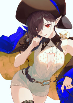 absurdres arknights blue_jacket blue_ribbon brown_eyes brown_hat cleavage_cutout clothing_cutout commentary_request cowboy_shot creature creature_on_shoulder cross earrings entelechia_(arknights) entelechia_(dazzling_blue)_(arknights) fang flower_earrings hat hat_ribbon highres jacket jewelry jiusan_naitang latin_cross mole mole_under_eye official_alternate_costume on_shoulder parted_lips pointy_ears red_eyes ribbon star-shaped_pupils star_(symbol) symbol-shaped_pupils triangle_cutout two-sided_fabric two-sided_jacket wide_brim