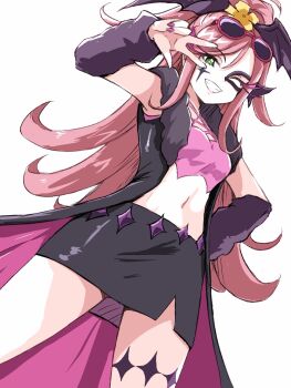 Rule 34 | + +, 1girl, ageseine, arm warmers, bat hair ornament, belly chain, black arm warmers, black collar, black skirt, coat, collar, commentary, criss-cross halter, crop top, eyewear on head, facial tattoo, fur-trimmed coat, fur arm warmers, fur trim, green eyes, grin, hair ornament, halterneck, hand on own hip, highres, jewelry, leg tattoo, long coat, long hair, looking at viewer, meitantei precure!, midriff, miniskirt, navel, one eye closed, open clothes, open coat, pencil skirt, pink coat, pink hair, pink shirt, ponytail, precure, purple-framed eyewear, shirt, simple background, skirt, sleeveless, sleeveless coat, smile, solo, standing, star (symbol), star tattoo, sunglasses, tattoo, two-sided coat, two-sided fabric, uraki, v, v over eye, white background