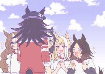 Rule 34 | 5girls, animal ears, black hair, blonde hair, blue eyes, blue sky, blush, brown hair, closed mouth, cloud, commentary request, ears through headwear, fenomeno (umamusume), green eyes, gym shirt, gym uniform, hat, highres, horse ears, horse girl, horse tail, jacket, layered sleeves, long hair, long sleeves, multicolored hair, multiple girls, open mouth, peaked cap, photo-referenced, pink eyes, purple eyes, purple hair, red jacket, shirt, short hair, short over long sleeves, short sleeves, sky, smile, sparkle, streaked hair, tail, tracen training uniform, track jacket, umamusume, undershirt, w3n6e, white shirt