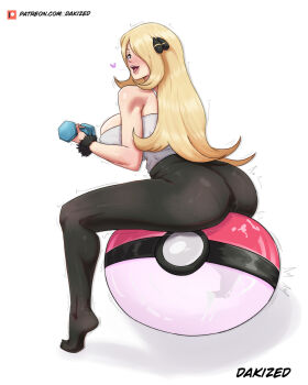 1girl :d artist_name ass between_buttocks blonde_hair blush breasts cynthia_(pokemon) dakized dumbbell exercising full_body grey_eyes hair_ornament hair_over_one_eye heart huge_ass huge_breasts long_hair looking_at_viewer looking_back nintendo open_mouth paid_reward_available pants patreon_username poke_ball pokemon pokemon_dppt sideboob signature simple_background sitting smile solo tank_top white_background yoga_pants