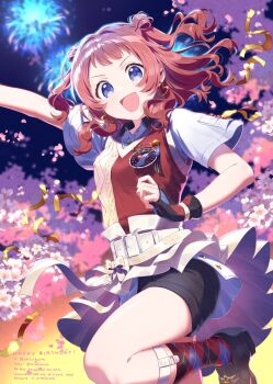 Rule 34 | 1girl, aerial fireworks, argyle clothes, argyle socks, arm up, belt, blue eyes, cherry blossoms, commentary request, earrings, falling petals, fingerless gloves, fireworks, gakuen idolmaster, gloves, hair bun, hajime (idolmaster), hanami saki, happy birthday, heart, heart earrings, highres, idolmaster, jewelry, long hair, looking at viewer, night, official alternate costume, open mouth, outdoors, overskirt, petals, pjkuasu, red hair, shirt, shoes, short sleeves, shorts, smile, socks, solo, streamers, two-tone sweater vest, two side up, white shirt