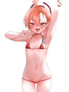 1girl ahoge arm_behind_head armpits bikini black_nails blue_archive braid choker fang flat_chest gluteal_fold gocham hair_between_eyes hair_ornament halo highres huge_ahoge micro_bikini mole mole_under_each_eye mole_under_eye multiple_moles navel neru_(blue_archive) open_mouth orange_hair red_bikini red_choker red_eyes short_hair side_braid skin_fang slit_pupils solo standing sweat swimsuit thigh_gap tongue tongue_out v v_over_mouth white_background