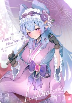 1girl absurdres adapted_costume black_gloves black_sash blue_hair blush bow breasts closed_mouth commentary_request flower from_side gem genshin_impact gloves hair_between_eyes hands_up happy_new_year highres holding holding_umbrella japanese_clothes jewelry kimono long_hair looking_at_viewer new_year nihongami nyamo-lv0 obi oil-paper_umbrella pink_kimono pointy_ears purple_bow purple_eyes purple_flower purple_gem purple_umbrella ring sash signature sitting solo symbol-shaped_pupils umbrella very_long_hair yumemizuki_mizuki