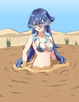 absurdres bikini blue_hair breasts commentary dirty english_commentary genshin_impact grass highres layla_(genshin_impact) mud original pointy_ears quicksand swimsuit wetland yellow_eyes