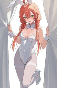 1girl :d absurdres alternate_costume animal_ears bare_shoulders bow bowtie breasts cleavage commentary_request covered_navel curtains detached_collar earrings green_eyes hair_between_eyes highres jewelry leotard looking_at_viewer low_twintails medium_breasts nijisanji open_mouth orange_hair pantyhose playboy_bunny rabbit_ears shishido_akari smile solo standing standing_on_one_leg tillots twintails virtual_youtuber white_bow white_bowtie white_leotard white_pantyhose