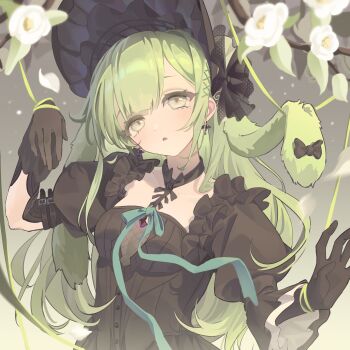 1girl absurdres animal_ears arknights asymmetrical_sleeves bang_dream! bang_dream!_it&#039;s_mygo!!!!! black_bonnet black_bow black_choker black_dress black_gloves bonnet bow breasts chinese_commentary choker commentary_request dress ear_bow earrings floppy_ears flower gloves gothic_lolita green_hair grey_background hair_ornament he_gou_pin_hao_fan highres jewelry juliet_sleeves lolita_fashion long_hair long_sleeves looking_at_viewer medium_breasts puffy_sleeves puppet_strings rabbit_ears rabbit_girl sidelocks solo upper_body wakaba_mutsumi wakaba_mutsumi_(marionette&#039;s_id) white_flower x_hair_ornament yellow_eyes