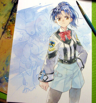 1girl agahari art_brush art_tools_in_frame black_pantyhose blue_hair blue_shorts bow bowtie brown_eyes closed_mouth commentary_request cowboy_shot frown gunparade_march hand_on_own_hip jacket long_sleeves looking_at_viewer mecha mecha_request military_uniform paintbrush painting_(medium) pantyhose pantyhose_under_shorts photo_(medium) ponytail red_bow red_bowtie robot school_uniform shibamura_mai short_hair shorts sleeves_past_wrists solo standing traditional_media white_jacket
