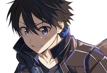1boy black_coat black_hair black_shirt blue_eyes coat commentary_request highres kirito looking_at_viewer male_focus shirt short_hair simple_background smile solo sword_art_online teeth toramaru_(696anna) white_background