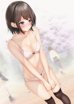 Rule 34 | 1girl, black hair, black thighhighs, blush, bow, bow bra, bow panties, bra, breasts, closed mouth, commentary request, day, dutch angle, embarrassed, exhibitionism, feet out of frame, fishnet thighhighs, fishnets, grey eyes, hair ornament, highres, large breasts, large variant set, minato ojitan, motion lines, navel, original, outdoors, panties, parted bangs, public indecency, short hair, solo, standing, stomach, thighhighs, trembling, underwear, underwear only, variant set, white bra, white panties, x hair ornament