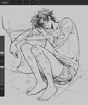 1boy antenna_hair art_program_in_frame bandaid bandaid_on_arm bandaid_on_face bandaid_on_knee bandaid_on_leg barefoot blood blood_on_leg bruise cheng_xiaoshi closed_mouth commentary english_commentary faux_traditional_media full_body greyscale half-closed_eyes hatching_(texture) highres injury male_focus messy_hair monochrome oyaamu shiguang_dailiren shirt short_hair shorts sitting sketch solo toilet