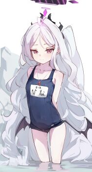 1girl absurdres ahoge black_halo blue_archive blush breasts demon_girl demon_horns demon_wings halo highres hina_(blue_archive) hina_(swimsuit)_(blue_archive) horns long_hair looking_at_viewer low_wings mi_kan_(1101515378) old_school_swimsuit purple_eyes school_swimsuit small_breasts solo standing swimsuit very_long_hair white_hair wings