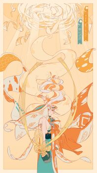 1girl animal_ears arm_up border commission floating_hair full_body highres inariya indie_virtual_youtuber japanese_clothes kimono long_hair looking_up multicolored_hair open_mouth orange_eyes orange_hair orange_kimono orange_theme platform_clogs platform_sandals sandals skeb_commission solo very_long_hair virtual_youtuber white_hair wide_sleeves