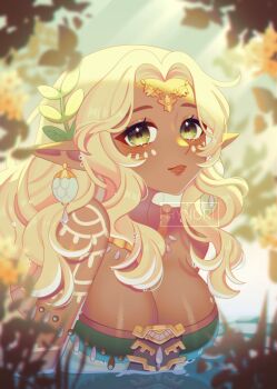 Rule 34 | 1girl, artist name, bare shoulders, blonde hair, blush, breasts, cleavage, closed mouth, commentary request, dark-skinned female, dark skin, day, earrings, elf, green eyes, highres, hynori, jewelry, large breasts, lips, looking at viewer, nintendo, outdoors, partially submerged, pointy ears, solo, sonia (zelda), the legend of zelda, the legend of zelda: tears of the kingdom, water