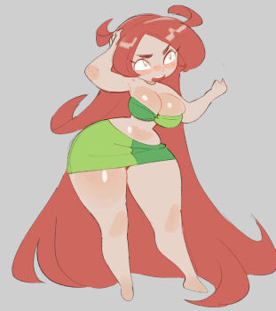 1girl barefoot betilla_(rayman) bra breasts cleavage freckles full_body green_bra grey_background hand_on_own_head hands_up large_breasts long_hair looking_to_the_side navel open_mouth rayman_(series) rayman_origins red_hair simple_background solo thick_thighs thighs underwear very_long_hair wamudraws wide_hips