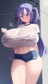 1girl absurdres black_bra black_shorts blue_archive blue_eyes blush bra bra_visible_through_clothes breasts closed_mouth commentary_request curvy embarrassed gabai gym_uniform hair_between_eyes halo highres huge_breasts long_hair mechanical_halo navel outdoors purple_hair see-through_clothes shirt short_shorts short_sleeves shorts standing sweat thighs tied_shirt underwear v-shaped_eyebrows wet wet_clothes wet_shirt white_shirt yuuka_(blue_archive)