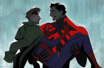 2boys beard_stubble black_hair blood bodysuit brown_eyes brown_hair carrying carrying_person coat commentary dingnin98201637 eye_contact facial_hair fangs green_coat hair_slicked_back hands_on_another&#039;s_chest highres injury looking_at_another male_focus marvel miguel_o&#039;hara multicolored_bodysuit multiple_boys open_mouth peter_b_parker princess_carry rain red_eyes short_sideburns smile spider-man spider-man:_across_the_spider-verse spider-man_(2099) spider-man_(series) spider-verse spider_web_print stubble superhero_costume symbol-only_commentary teeth torn_clothes upper_teeth_only wet