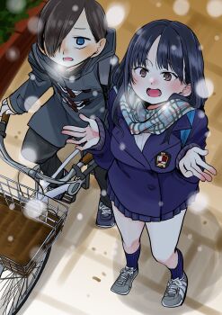 Rule 34 | 1boy, 1girl, backpack, bag, bicycle, black hair, blue eyes, boku no kokoro no yabai yatsu, bridge, brown eyes, coat, emblem, from above, full body, gakuran, highres, ichikawa kyoutarou, long hair, looking up, one eye covered, open hands, open mouth, outdoors, parted bangs, riding, sakurai norio, scarf, school uniform, shoes, short hair, sneakers, snow, snowing, surprised, tagme, yamada anna