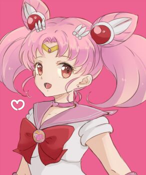 Rule 34 | 1girl, bishoujo senshi sailor moon, bishoujo senshi sailor moon s, brooch, chibi usa, choker, circlet, cone hair bun, double bun, earrings, female focus, hair bun, hair ornament, heart, heart brooch, hiki-wota, jewelry, open mouth, pink background, pink eyes, pink hair, pink theme, ribbon, sailor chibi moon, sailor collar, smile, solo, twintails, upper body