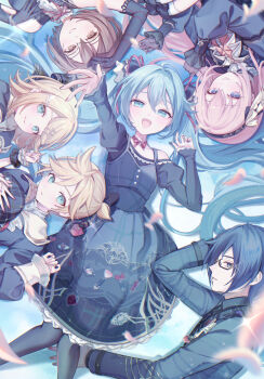 2boys 4girls absurdres aqua_eyes aqua_hair arm_up black_dress black_hair black_nails black_pantyhose blonde_hair blue_eyes brother_and_sister brown_eyes brown_hair closed_mouth dress glasses green_shirt hair_between_eyes hair_ornament hatsune_miku highres kagamine_len kagamine_rin kaito_(vocaloid) light_blush long_sleeves looking_at_viewer lying megurine_luka meiko_(vocaloid) multiple_boys multiple_girls on_back on_side open_mouth pantyhose pink_hair pink_nails project_sekai puffy_long_sleeves puffy_sleeves scrunchie shirt short_hair siblings smile twintails vocaloid vs0mr wrist_scrunchie