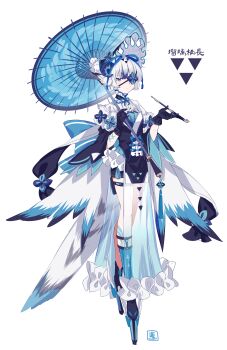 1boy :/ absurdres ankle_boots arm_piercing back_bow bird_tail bird_wings black_boots black_gloves black_kimono black_shorts blue_bow blue_eyes blue_hair blue_horns blue_ribbon blue_socks blue_umbrella blunt_bangs bonnet boots bow closed_mouth colored_tips corset_piercing curled_horns dress_shirt earrings expressionless eyepatch feathered_wings flower_eyepatch flower_knot flower_ornament frilled_bonnet frilled_kimono frilled_shirt_collar frills full_body geta gloves hair_bow hair_ornament highres holding holding_smoking_pipe holding_umbrella horns japanese_clothes jewelry jitome kimono kiseru leg_tattoo legwear_garter lolita_fashion looking_at_viewer macchoko male_focus multicolored_hair neck_ribbon off_shoulder oil-paper_umbrella original pelvic_curtain pom_pom_(clothes) pom_pom_earrings pouch ribbon see-through_clothes see-through_kimono shirt short_eyebrows short_hair short_kimono short_shorts shorts simple_background single_sock smoking_pipe socks solo standing tail tassel tattoo tengu-geta thigh_pouch three-quarter_sleeves triangle_print umbrella umbrella_over_shoulder uroko_(pattern) wa_lolita white_background white_hair white_shirt white_wings wide_sleeves wing_hair_ornament wings