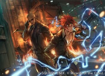 2boys adjusting_eyewear bald baton_(weapon) black_gloves black_jacket black_necktie black_pants black_shirt black_suit collared_shirt electricity facial_hair facial_mark final_fantasy final_fantasy_vii final_fantasy_vii_remake fingerless_gloves fire formal_clothes gloves goatee goggles goggles_on_head hair_between_eyes hair_tie hand_on_own_hip holding_baton_(weapon) jacket leaning_forward low_ponytail magic:_the_gathering majiji male_focus multiple_boys necktie official_alternate_costume open_clothes open_shirt over_shoulder pants parted_lips pectorals pocket_square ponytail red_hair reno_(ff7) rude_(ff7) shirt short_hair_with_long_locks smile spiked_hair square_enix suit suit_jacket sunglasses weapon weapon_over_shoulder white_shirt