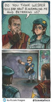 Rule 34 | 1girl, 2boys, absurdres, albert wesker, artist name, barry burton, beard stubble, beret, black gloves, blue eyes, blue hat, blue shirt, facial hair, fingerless gloves, gloves, hat, highres, jill valentine, multiple boys, resident evil, resident evil 1, rhiannon kagoe, shirt, shoulder pads, stubble, tyrant (resident evil)