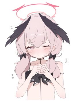 1girl :/ bare_arms bare_shoulders bikini black_bikini black_bow black_wings blue_archive blush bow breasts closed_mouth collarbone dot_nose feathered_wings floral_print floral_print_bikini flying_sweatdrops front-tie_bikini_top front-tie_top hair_between_eyes hair_bow halo hands_up head_wings highres koharu_(blue_archive) koharu_(swimsuit)_(blue_archive) long_hair looking_at_viewer low_twintails mini_wings narrowed_eyes official_alternate_costume one_eye_closed pink_eyes pink_hair pink_halo print_bikini raised_inner_eyebrows sidelocks simple_background small_breasts solo standing sweatdrop swimsuit tntl_nemui translated twintails upper_body white_background winged_halo wings