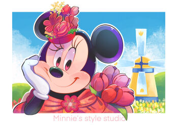 1girl alternate_costume animal_ears animification closed_mouth dress flower gamorangetana gloves hair_flower hair_ornament happy highres mickey_mouse_&amp;_friends minnie_mouse mouse_ears mouse_girl smile tagme tulip white_gloves