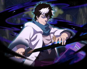 Rule 34 | 1boy, absurdres, aura, black clover, black clover m: rise of the wizard king, black hair, blue scarf, book, dark aura, grimoire, highres, holding, holding sword, holding weapon, looking at viewer, male focus, multicolored hair, non-web source, official art, open book, open clothes, open robe, rhya (black clover), robe, scarf, short hair, solo, sword, two-tone hair, upper body, weapon, white hair, white robe