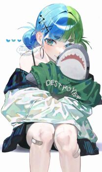 1girl bandaid bandaid_on_leg bare_shoulders blue_hair closed_mouth green_hair highres holding holding_stuffed_toy ikea_shark looking_at_viewer mizumi_zumi multicolored_hair original shark sitting smile solo stuffed_animal stuffed_shark stuffed_toy two-tone_hair watermark white_background