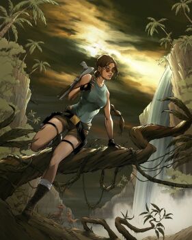 1girl aqua_leotard boots breasts brown_boots brown_hair brown_shorts grey_sky gun highres illyne_cosplay lara_croft leotard long_hair medium_breasts outdoors palm_tree ponytail round_eyewear short_shorts shorts sky socks solo tomb_raider tree water waterfall weapon weapon_on_back weapon_request white_socks