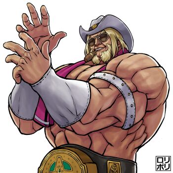1boy abs antonov_(kof) arm_strap beard belt blonde_facial_hair blonde_hair bracer brown-tinted_eyewear championship_belt cigar cowboy_hat facial_hair fighting_stance grin hat highres jamrolypoly male_focus medium_hair muscular muscular_male simple_background smile solo sunglasses the_king_of_fighters the_king_of_fighters_xv tinted_eyewear topless_male towel towel_around_neck upper_body white_background white_hat