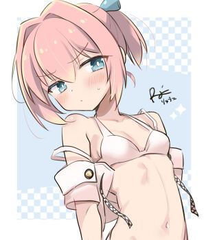 Rule 34 | 1girl, artist logo, bikini, blue eyes, breasts, commentary request, cosplay, detached sleeves, hair intakes, highres, kantai collection, logo, navel, pink bikini, pink hair, r-king, shiranui (kancolle), short hair, small breasts, solo, swimsuit, upper body, yamato (kancolle), yamato (kancolle) (cosplay), yamato kai ni (kancolle), yamato kai ni (kancolle) (cosplay)